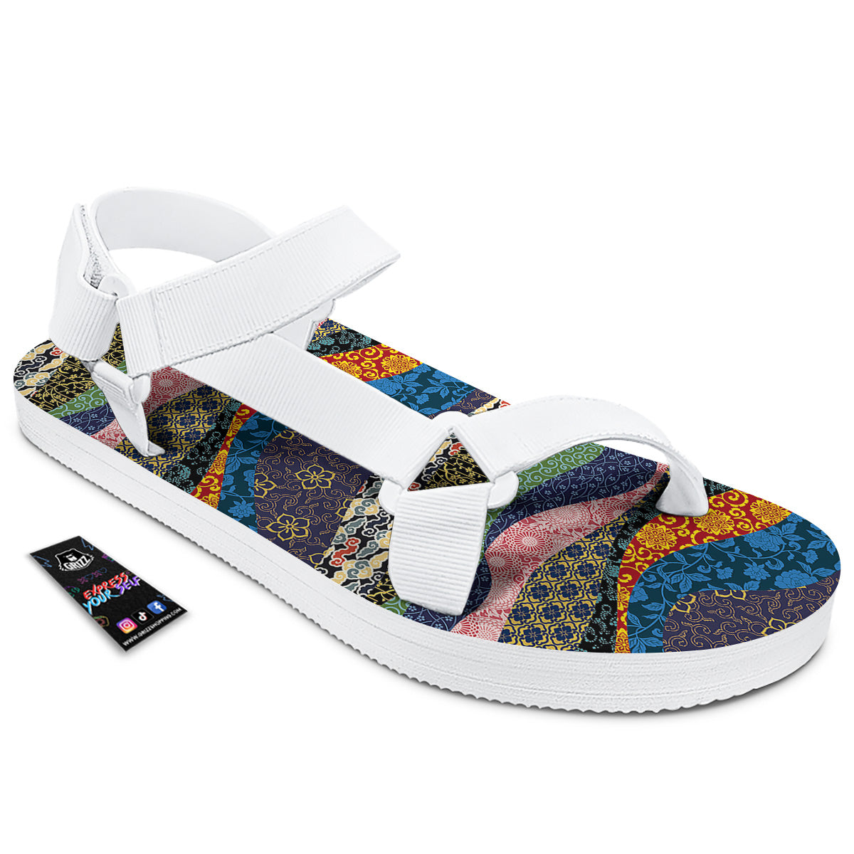 Chinese Fabric Art Print Pattern White Open Toe Sandals-grizzshop