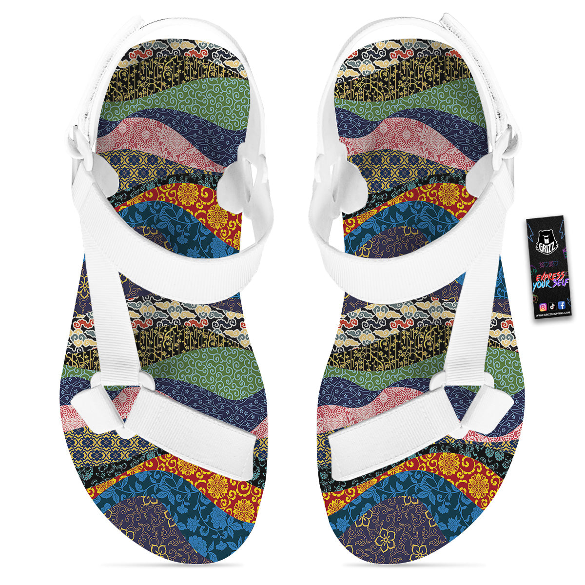 Chinese Fabric Art Print Pattern White Open Toe Sandals-grizzshop