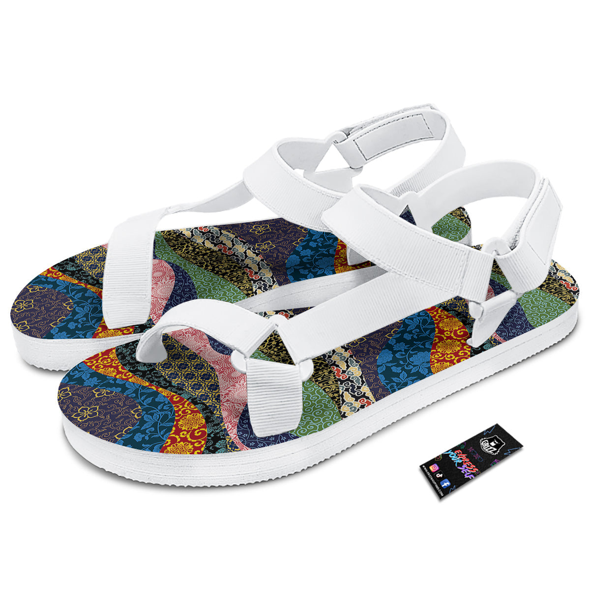 Chinese Fabric Art Print Pattern White Open Toe Sandals-grizzshop