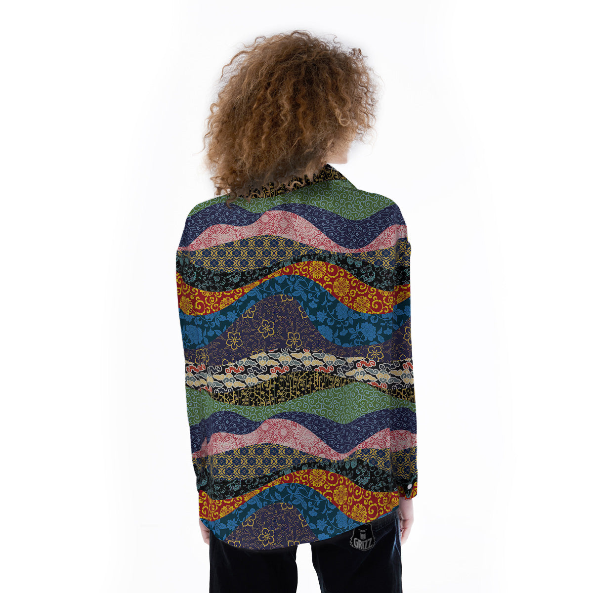 Chinese Fabric Art Print Pattern Women's Long Sleeve Shirts-grizzshop