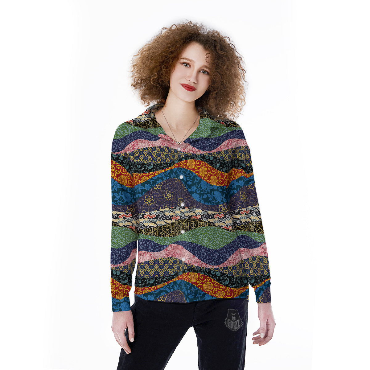 Chinese Fabric Art Print Pattern Women's Long Sleeve Shirts-grizzshop