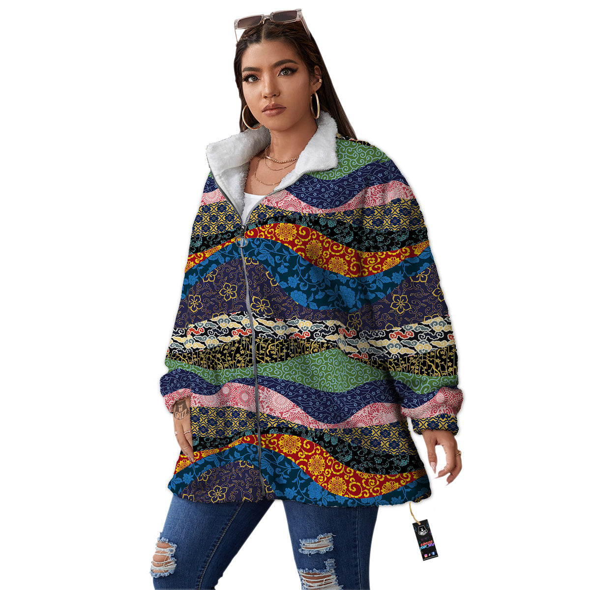 Chinese Fabric Art Print Pattern Women's Sherpa Jacket-grizzshop
