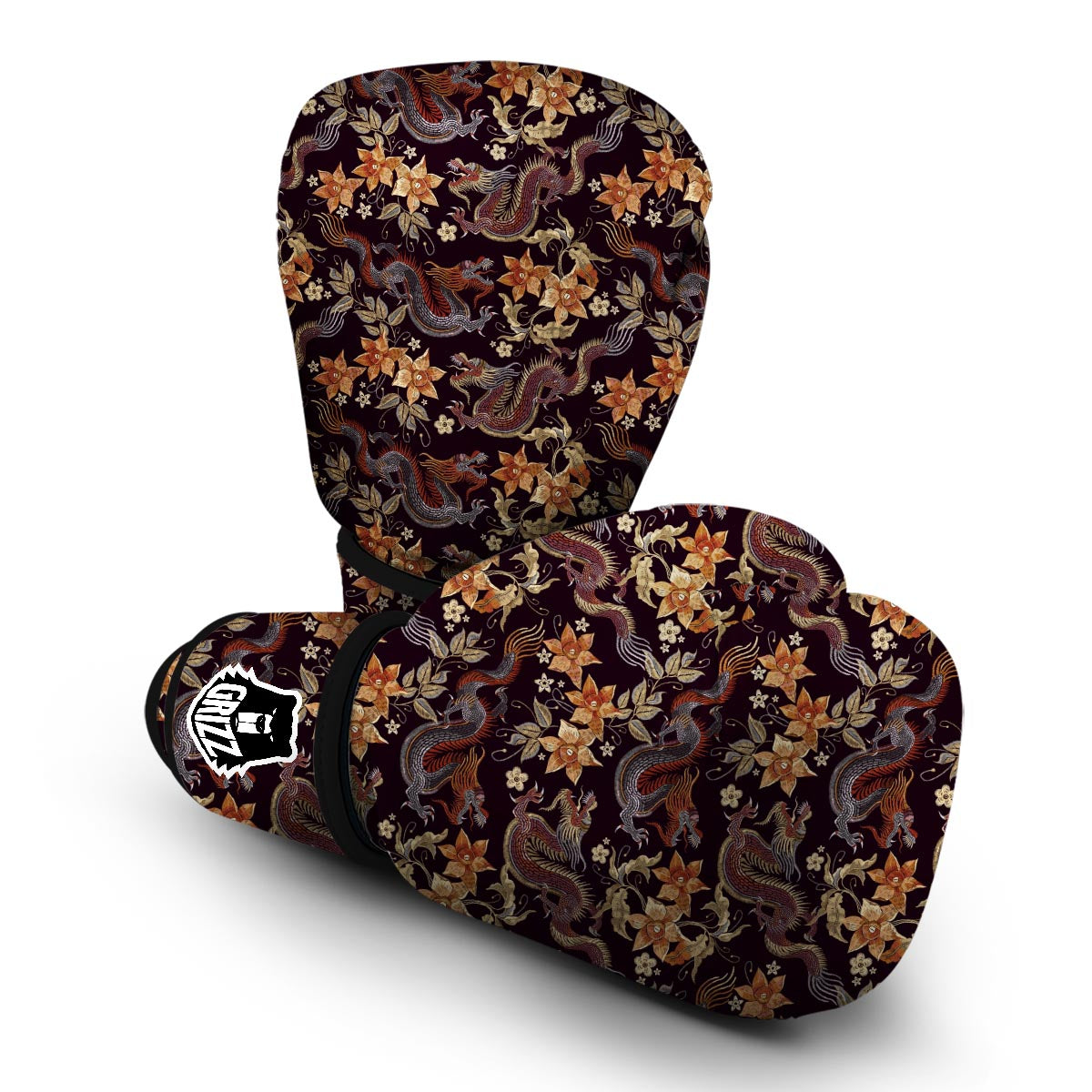 Chinese Floral Dragon Pattern Print Boxing Gloves-grizzshop