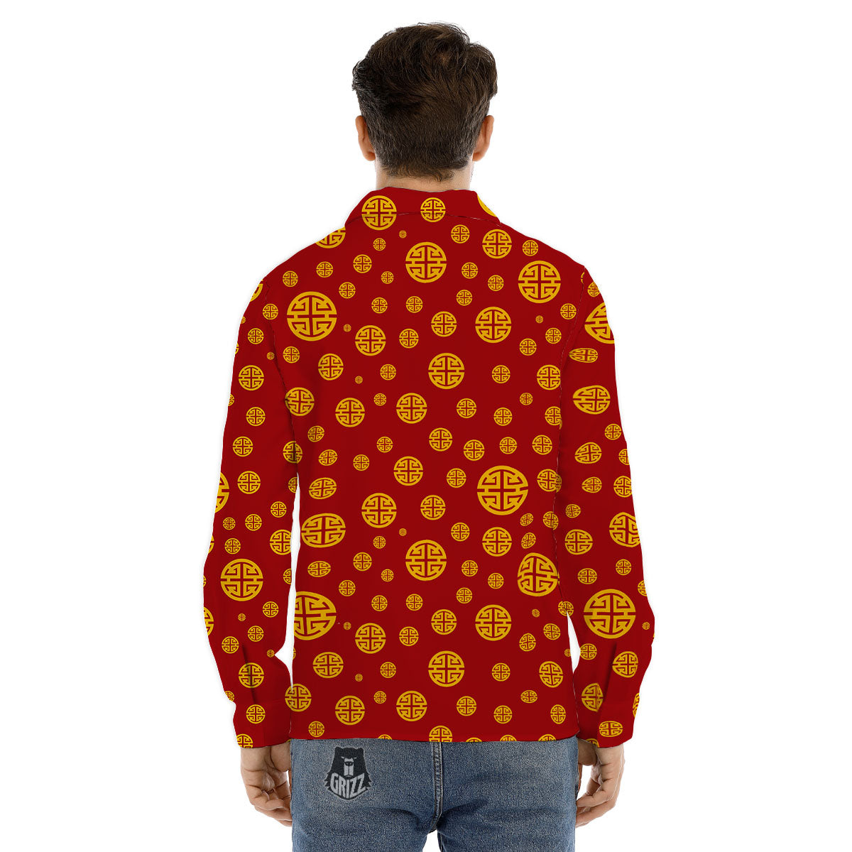 Chinese Gold Print Pattern Men's Dress Shirts-grizzshop