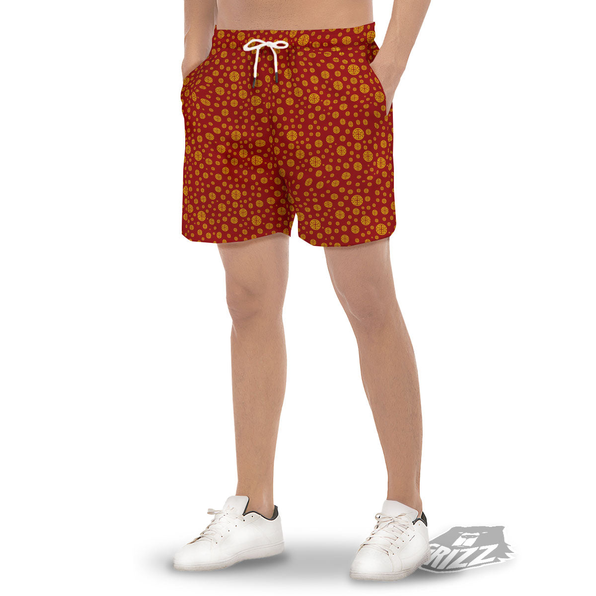Chinese Gold Print Pattern Men's Gym Shorts-grizzshop