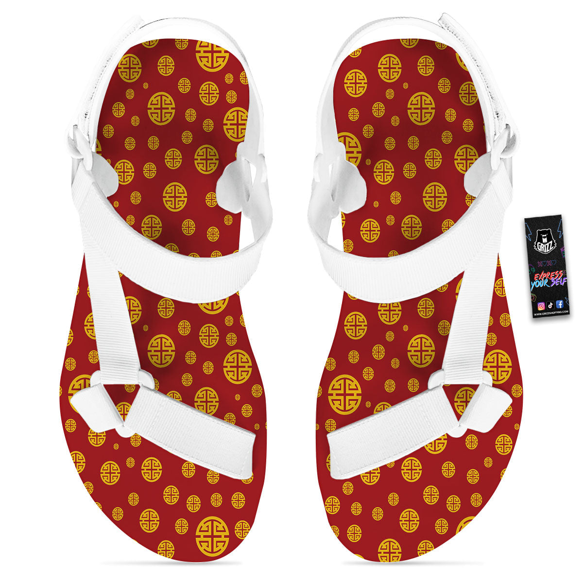 Chinese Gold Print Pattern White Open Toe Sandals-grizzshop