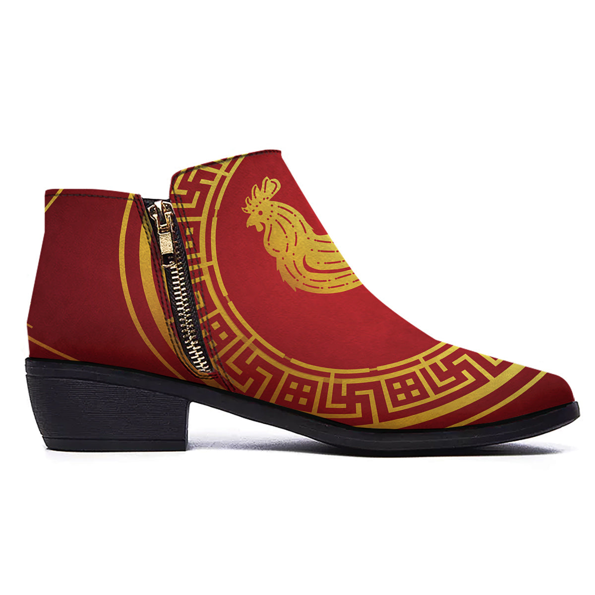 Chinese New Year Rooster Print Ankle Boots-grizzshop