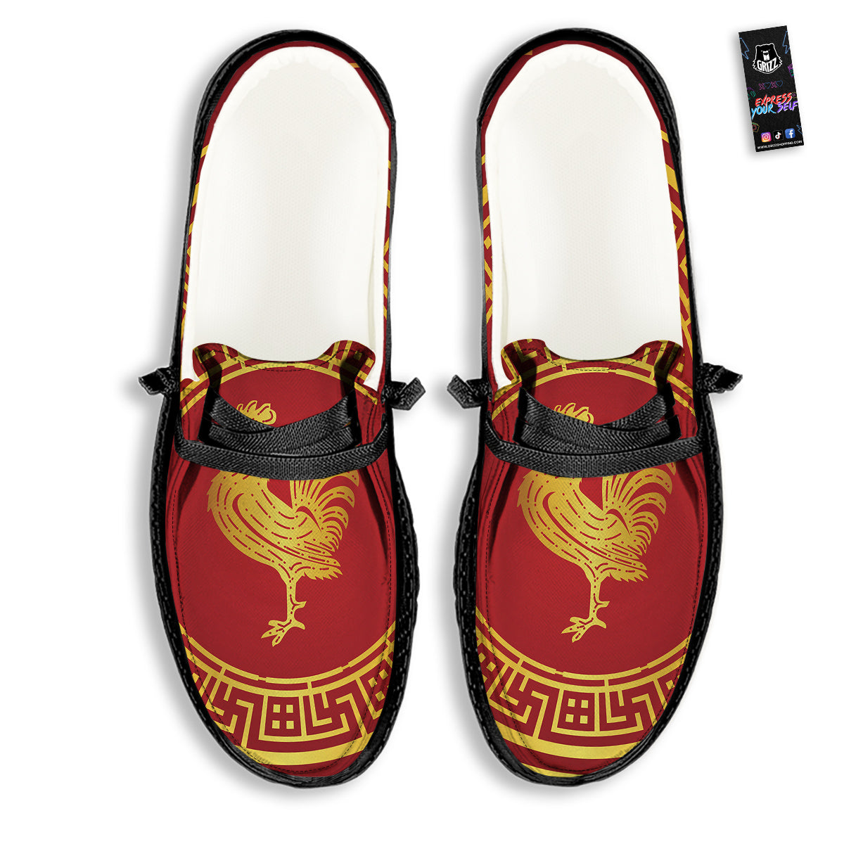 Chinese New Year Rooster Print Black Loafers-grizzshop