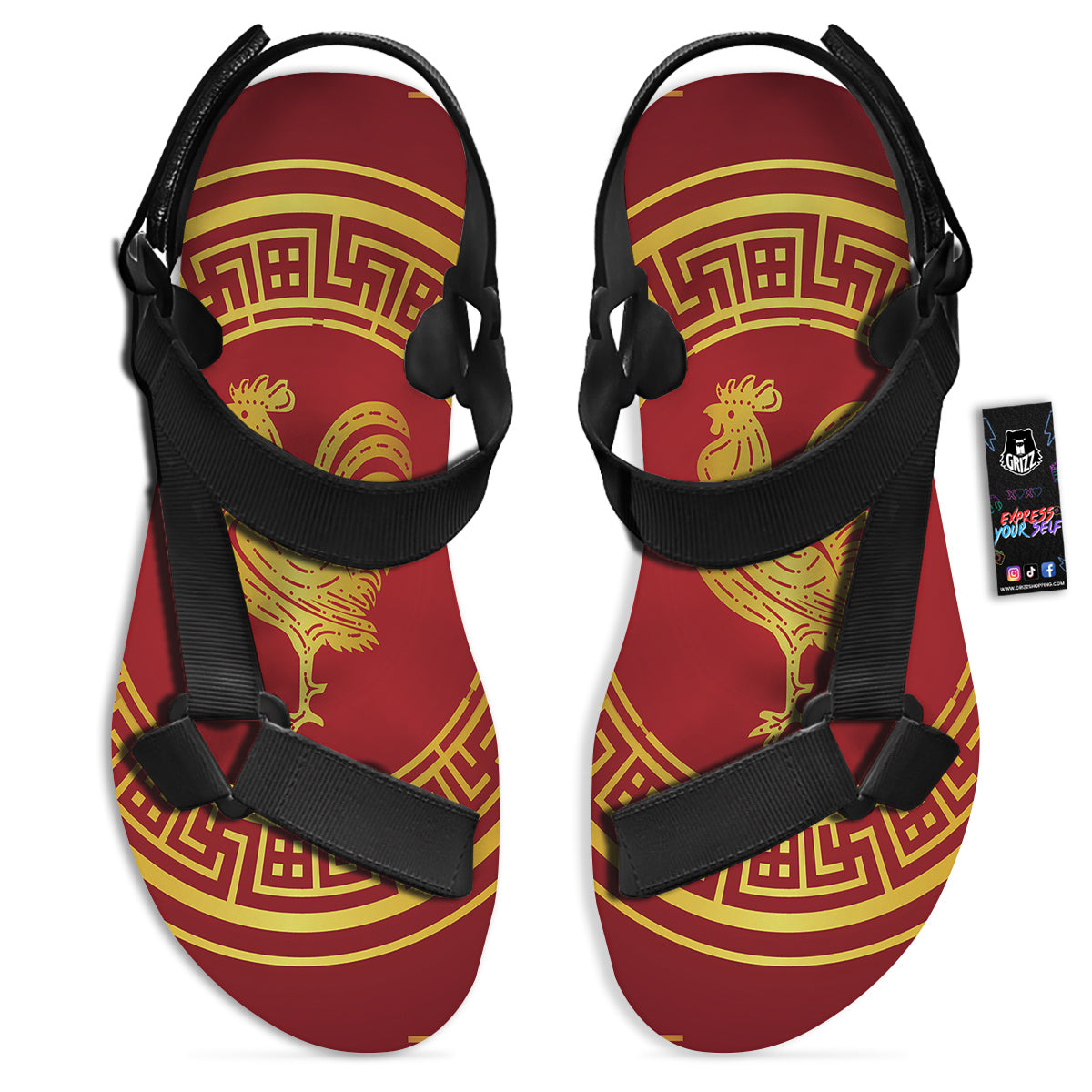 Chinese New Year Rooster Print Black Open Toe Sandals-grizzshop