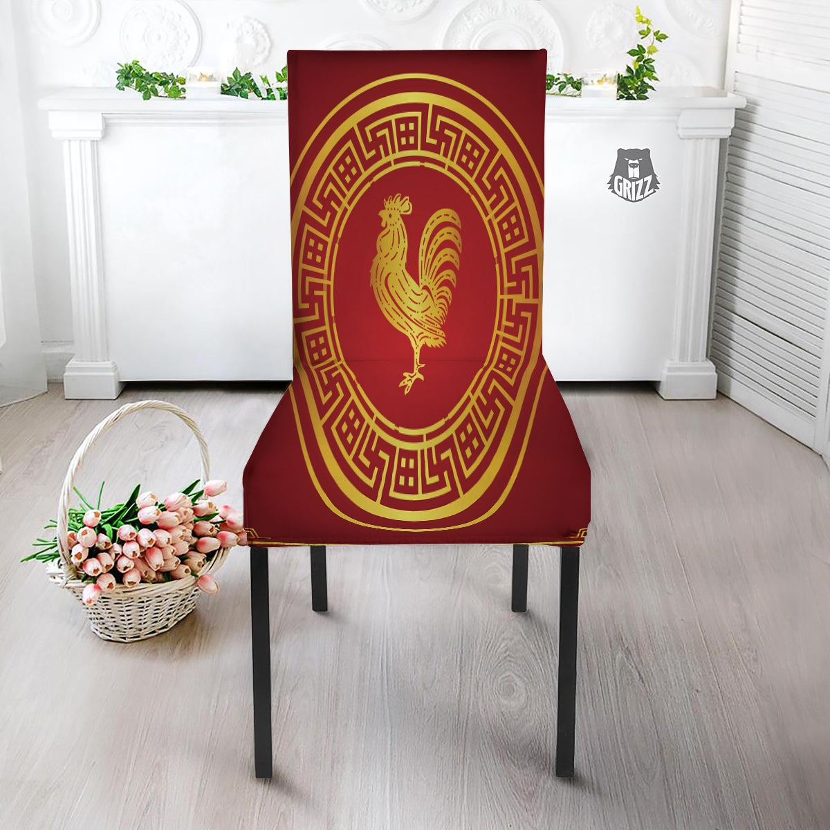 Chinese New Year Rooster Print Dining Chair Slipcover-grizzshop