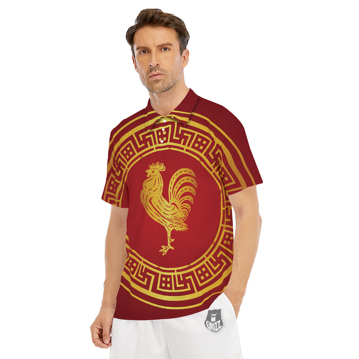 Chinese New Year Rooster Print Men's Golf Shirts-grizzshop