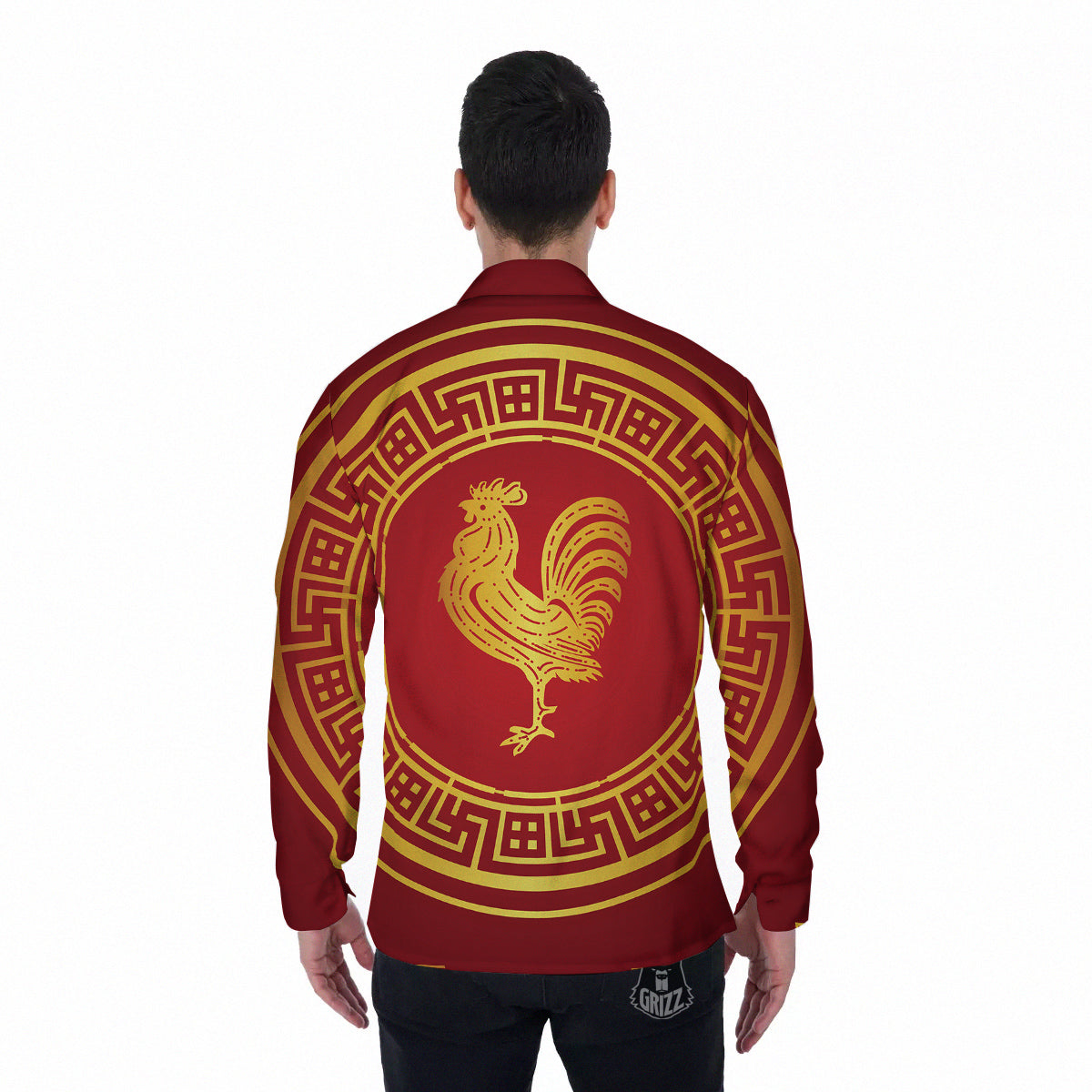 Chinese New Year Rooster Print Men's Long Sleeve Shirts-grizzshop