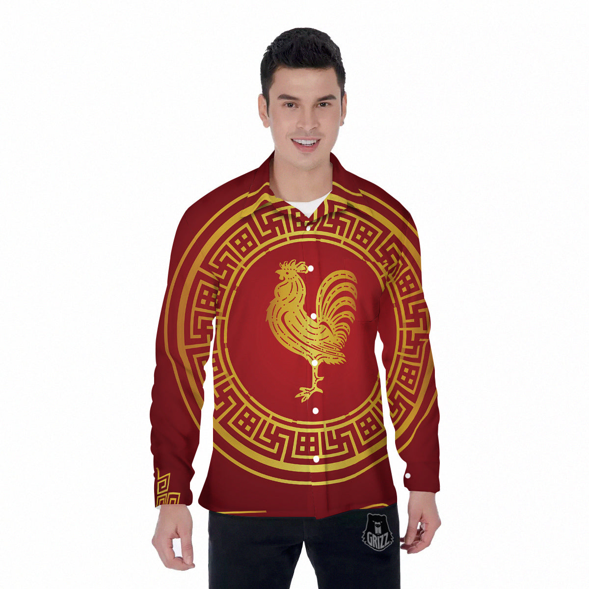 Chinese New Year Rooster Print Men's Long Sleeve Shirts-grizzshop