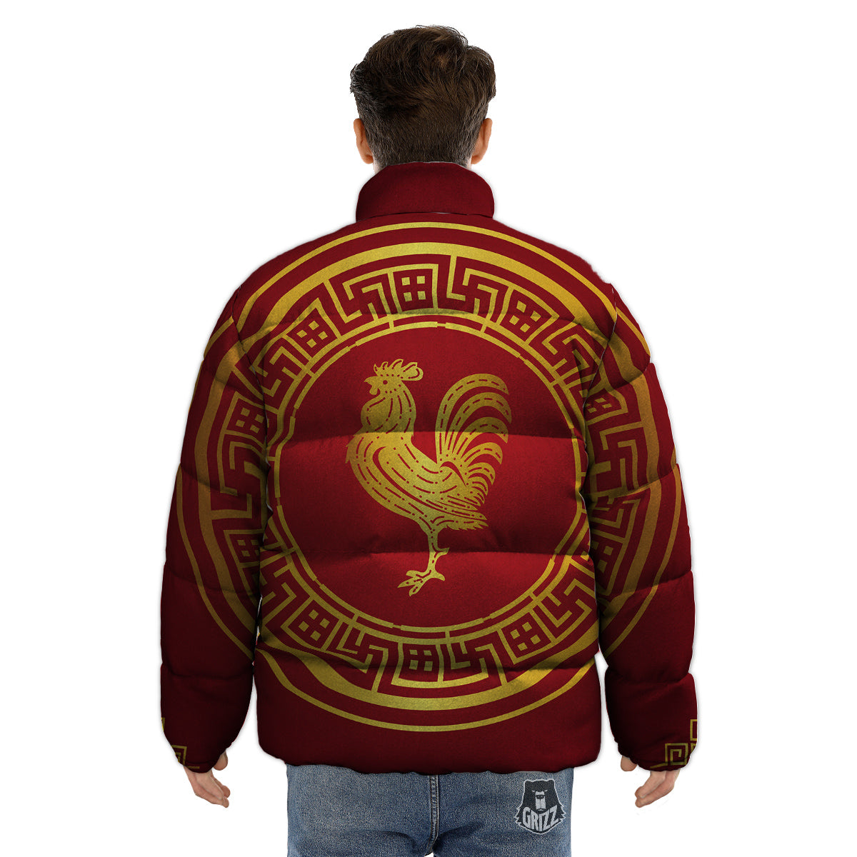 Chinese New Year Rooster Print Puffer Jacket-grizzshop
