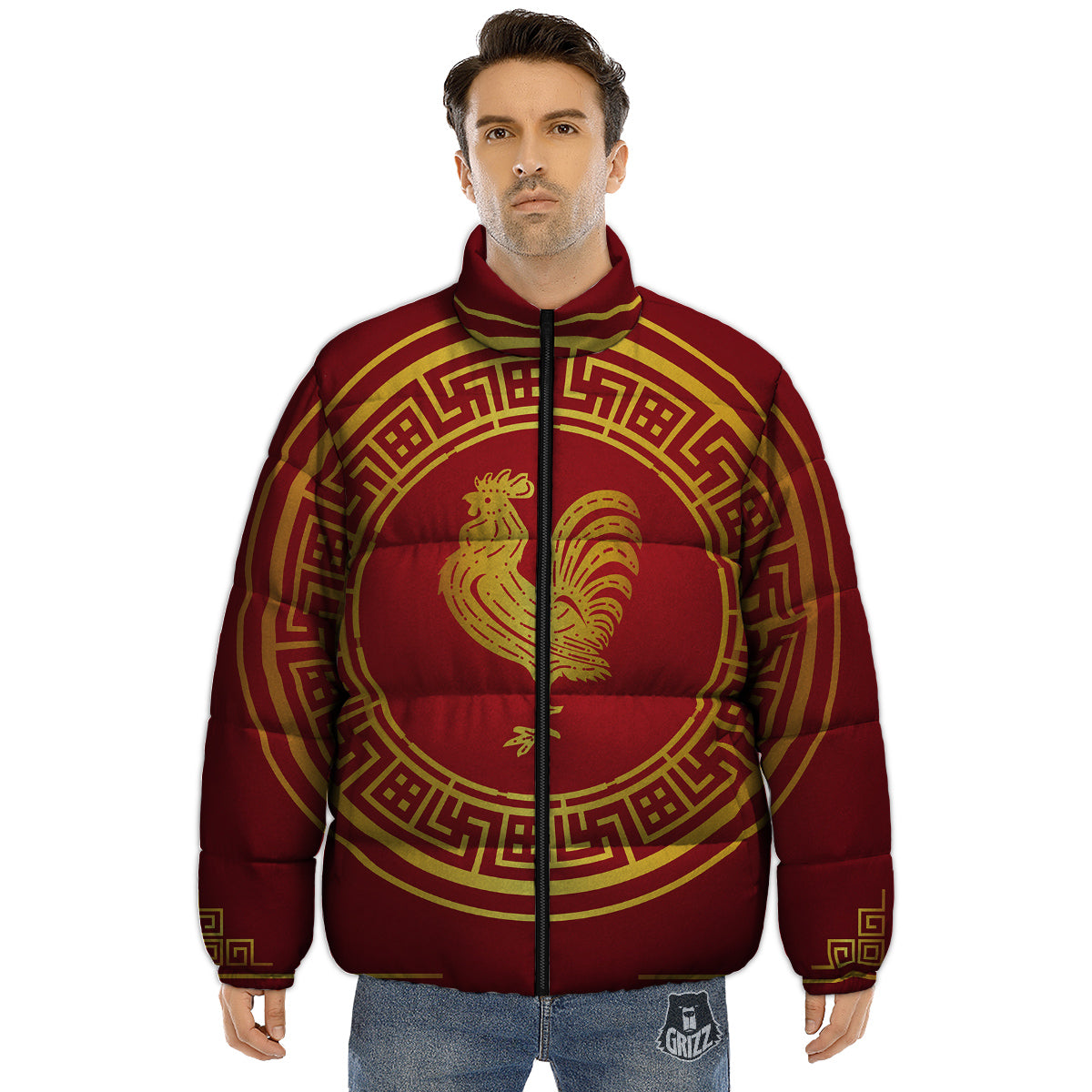 Chinese New Year Rooster Print Puffer Jacket-grizzshop