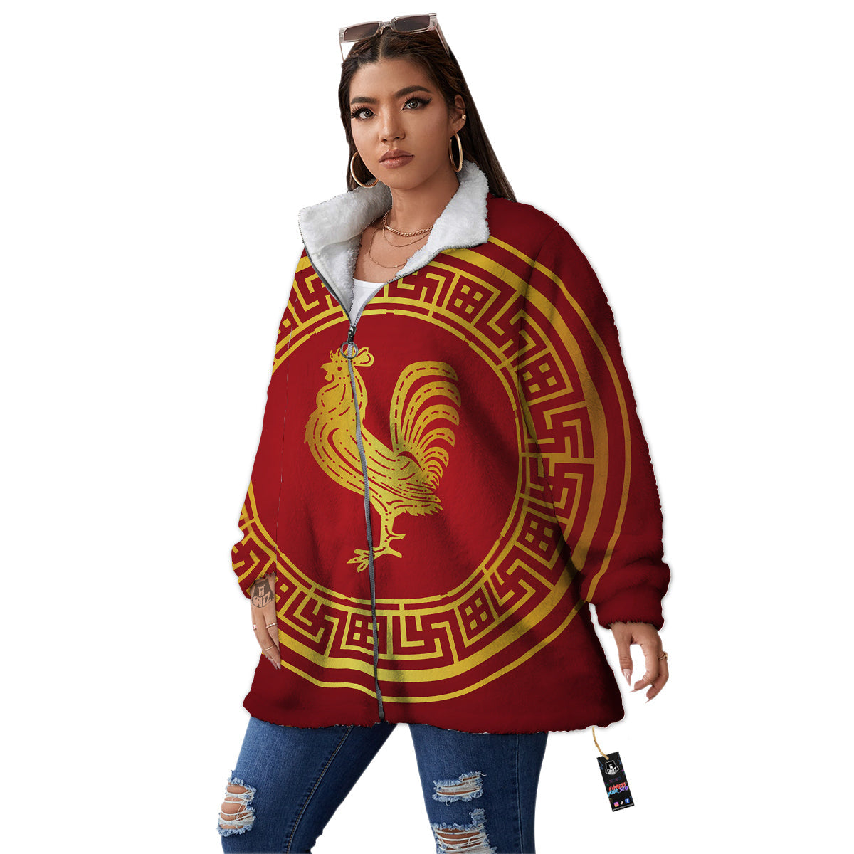 Chinese New Year Rooster Print Women's Sherpa Jacket-grizzshop