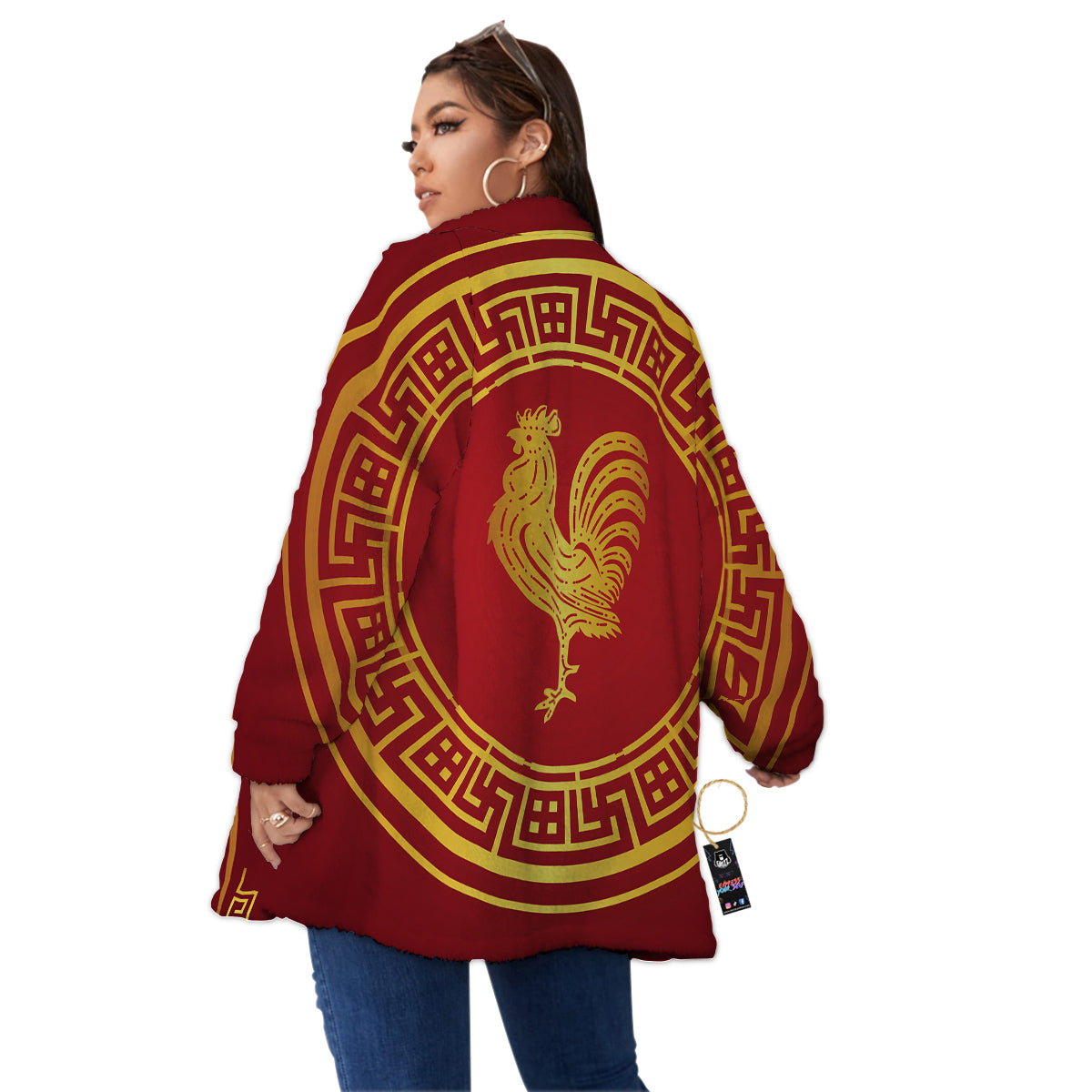 Chinese New Year Rooster Print Women's Sherpa Jacket-grizzshop