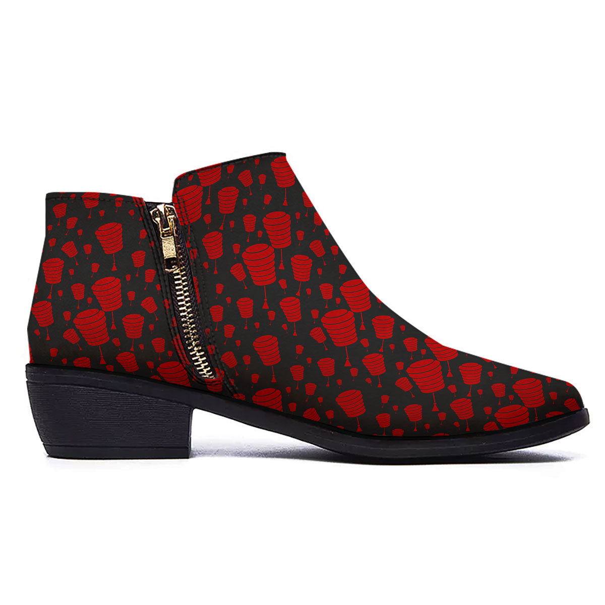 Chinese Red And Black Print Pattern Ankle Boots-grizzshop
