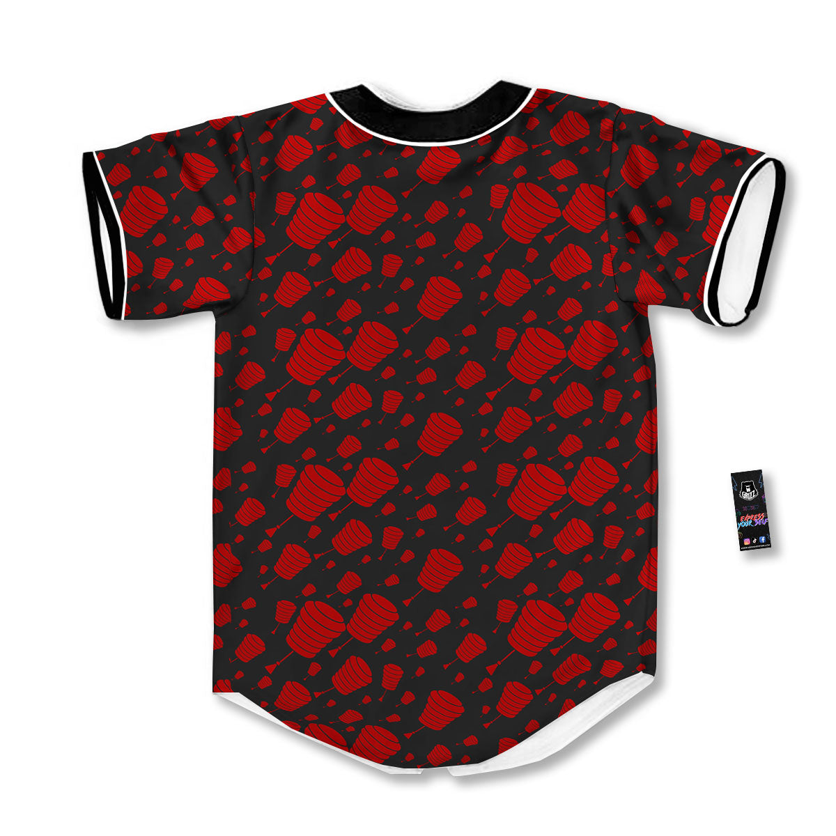 Chinese Red And Black Print Pattern Baseball Jersey-grizzshop
