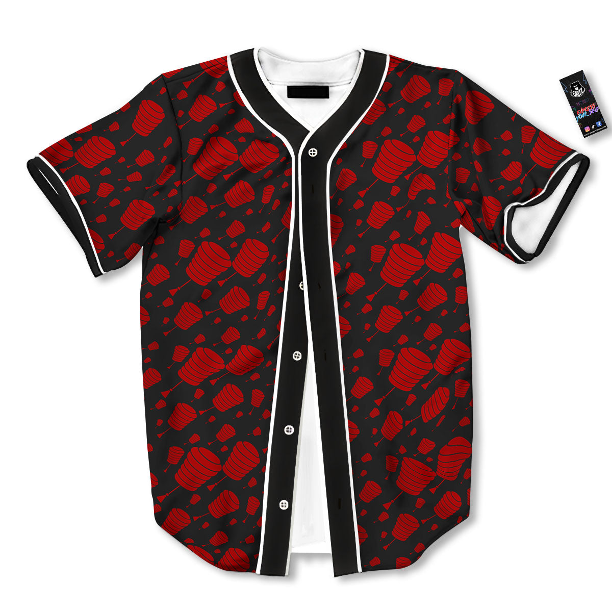 Chinese Red And Black Print Pattern Baseball Jersey-grizzshop