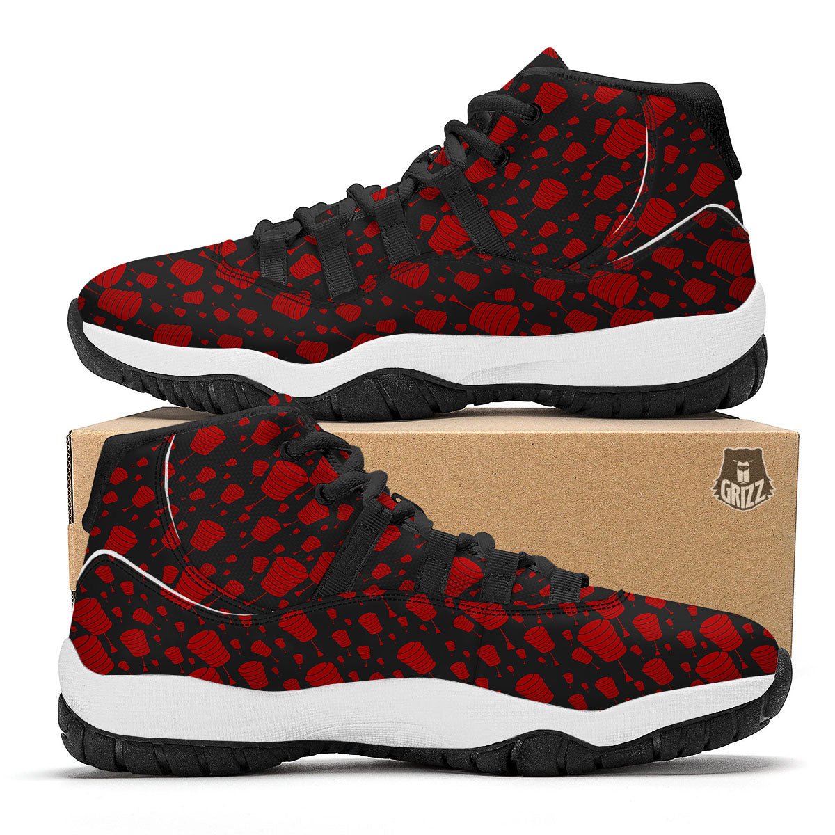 Chinese Red And Black Print Pattern Black Bball Shoes-grizzshop