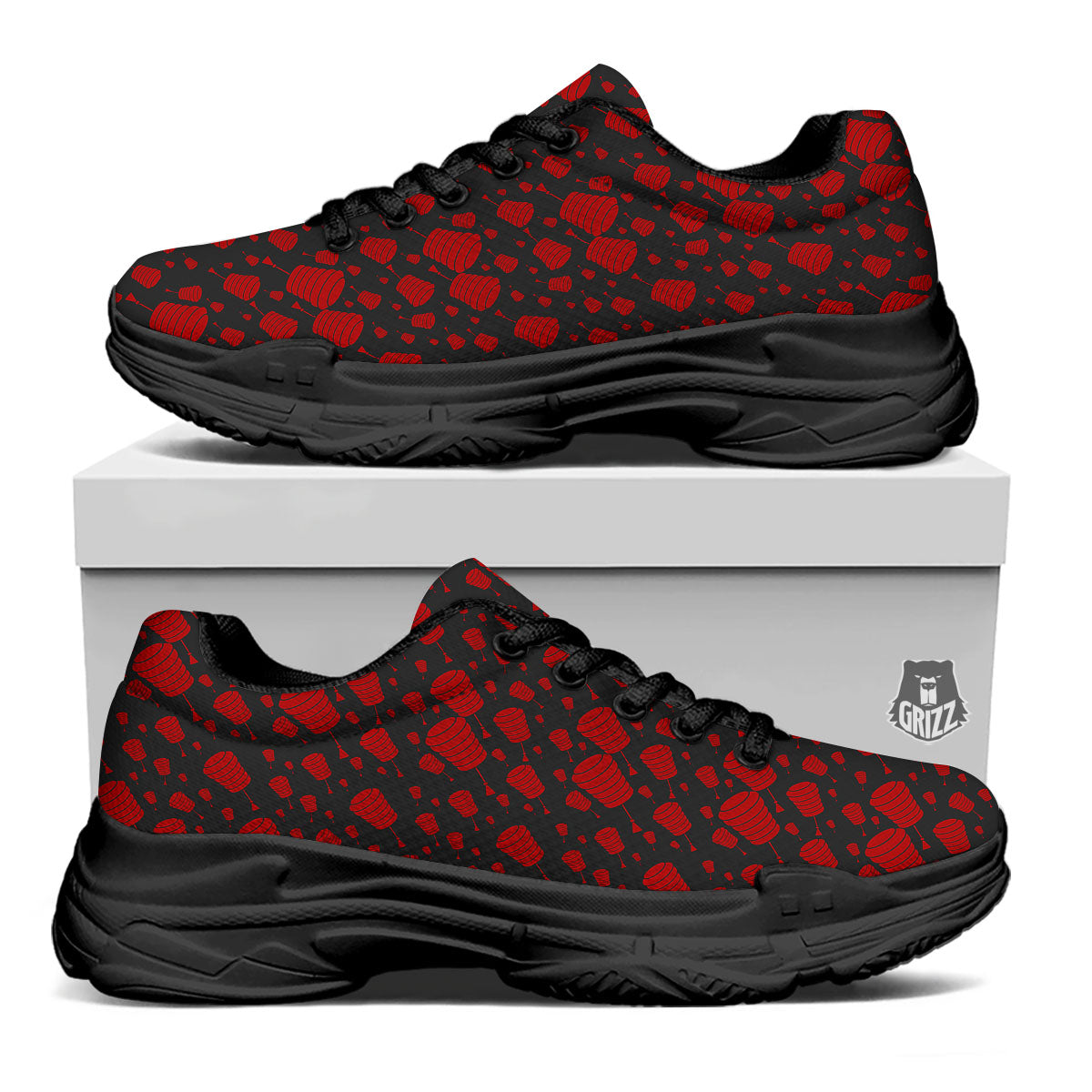 Chinese Red And Black Print Pattern Black Chunky Shoes-grizzshop