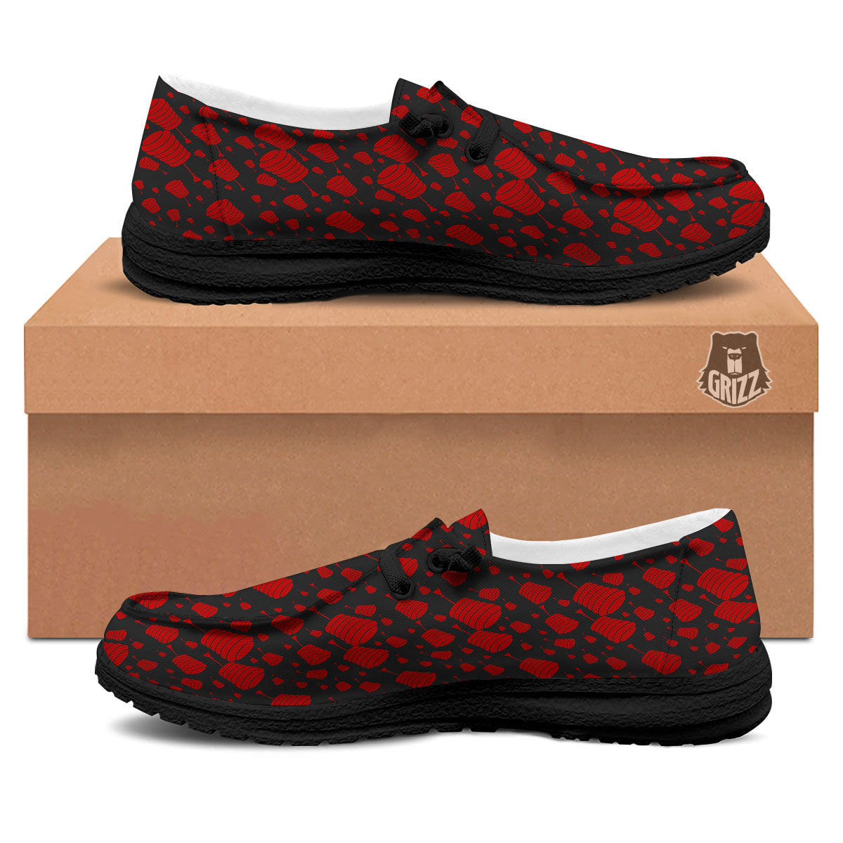 Chinese Red And Black Print Pattern Black Loafers-grizzshop