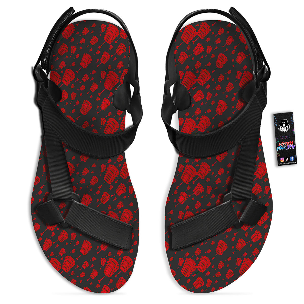Chinese Red And Black Print Pattern Black Open Toe Sandals-grizzshop