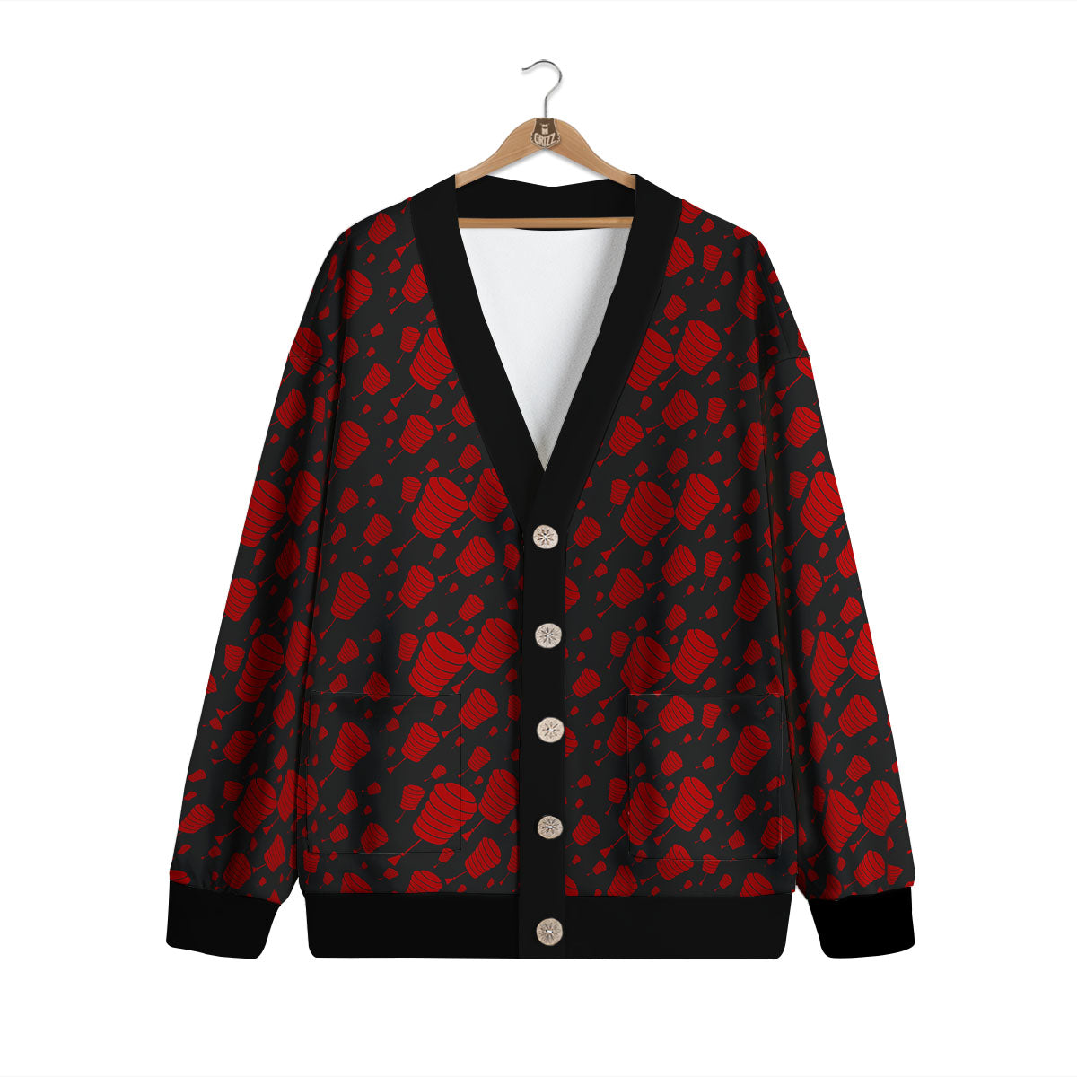 Chinese Red And Black Print Pattern Cardigan-grizzshop