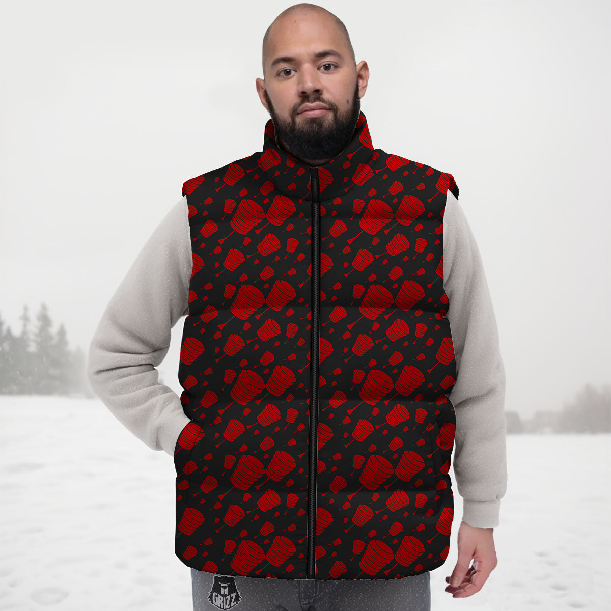 Chinese Red And Black Print Pattern Down Vest