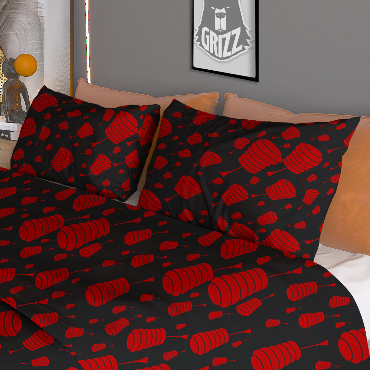 Chinese Red And Black Print Pattern Duvet Cover Bedding Set