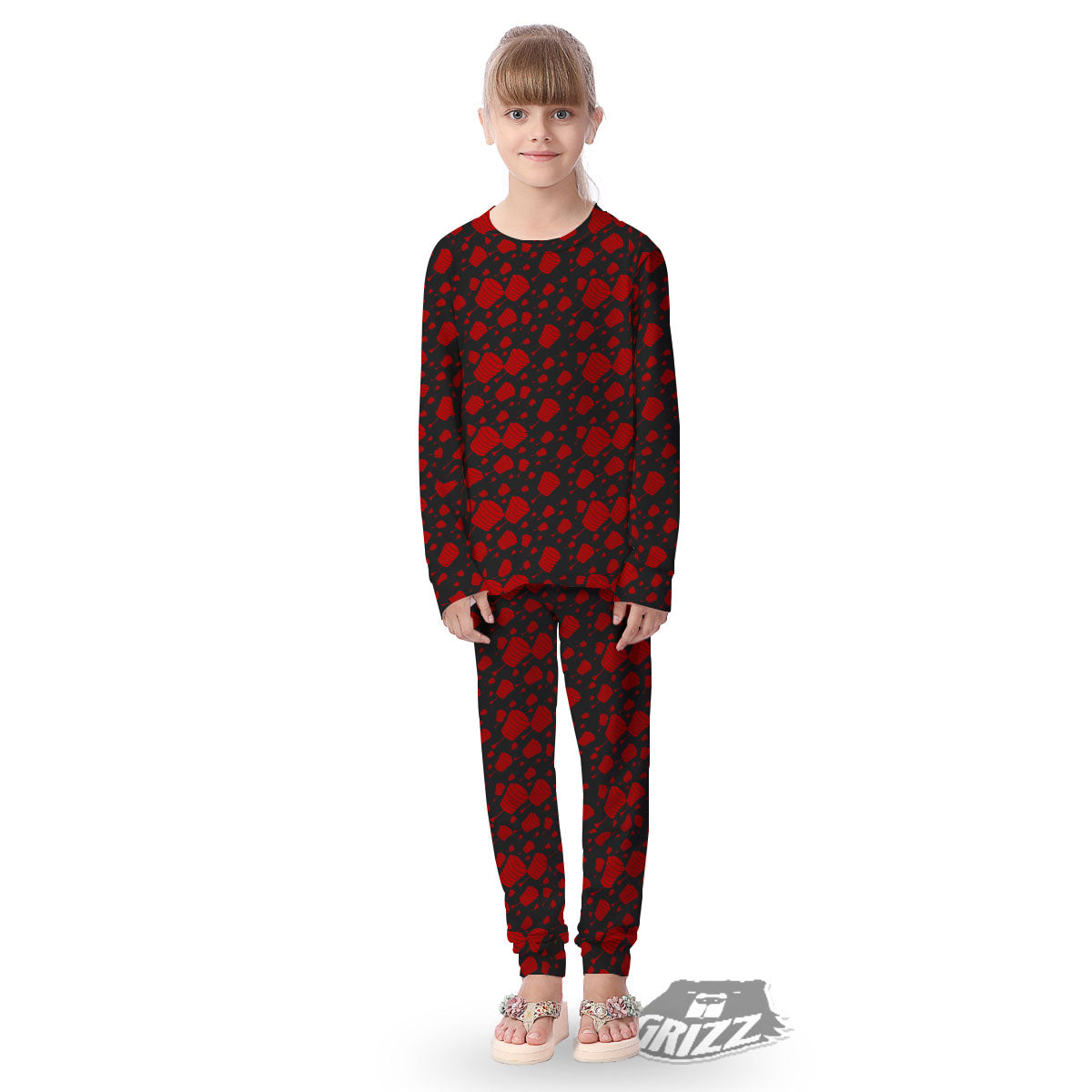 Chinese Red And Black Print Pattern Kid's Pajamas-grizzshop