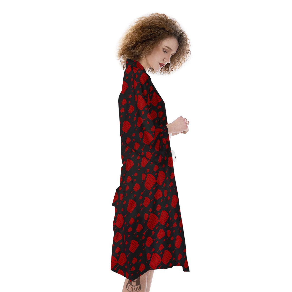 Chinese Red And Black Print Pattern Kimono-grizzshop