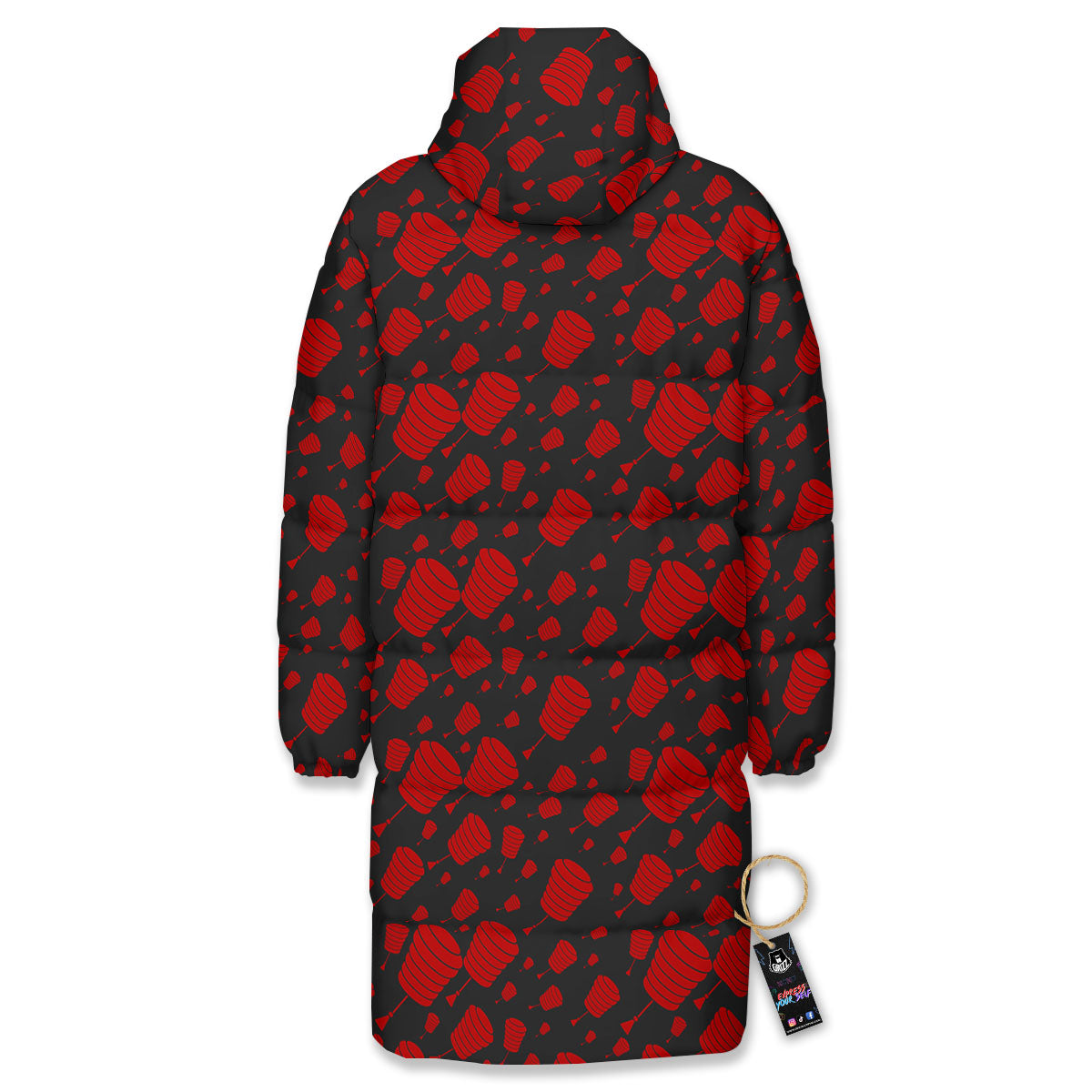 Chinese Red And Black Print Pattern Long Down Jacket-grizzshop