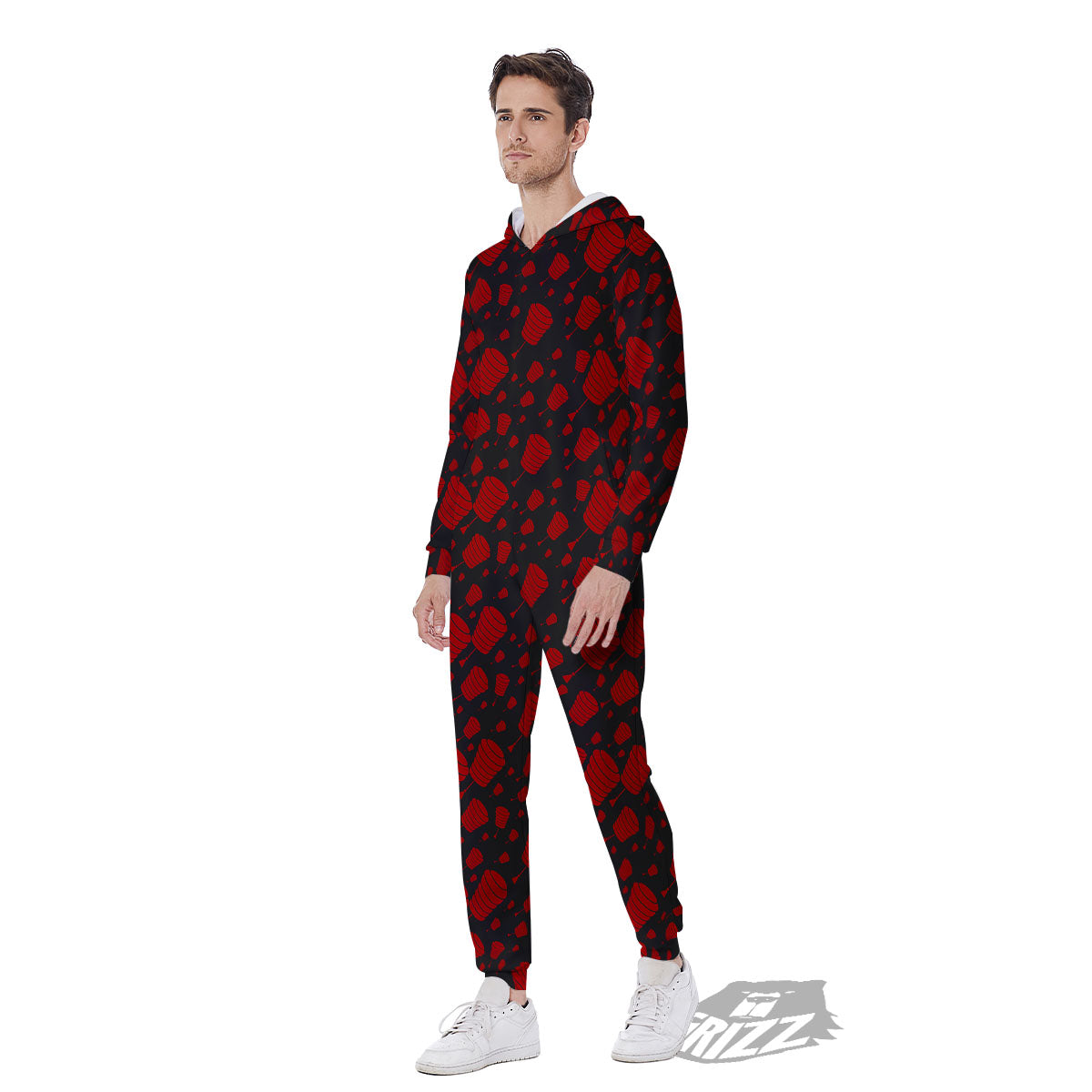 Chinese Red And Black Print Pattern Men's Jumpsuit-grizzshop