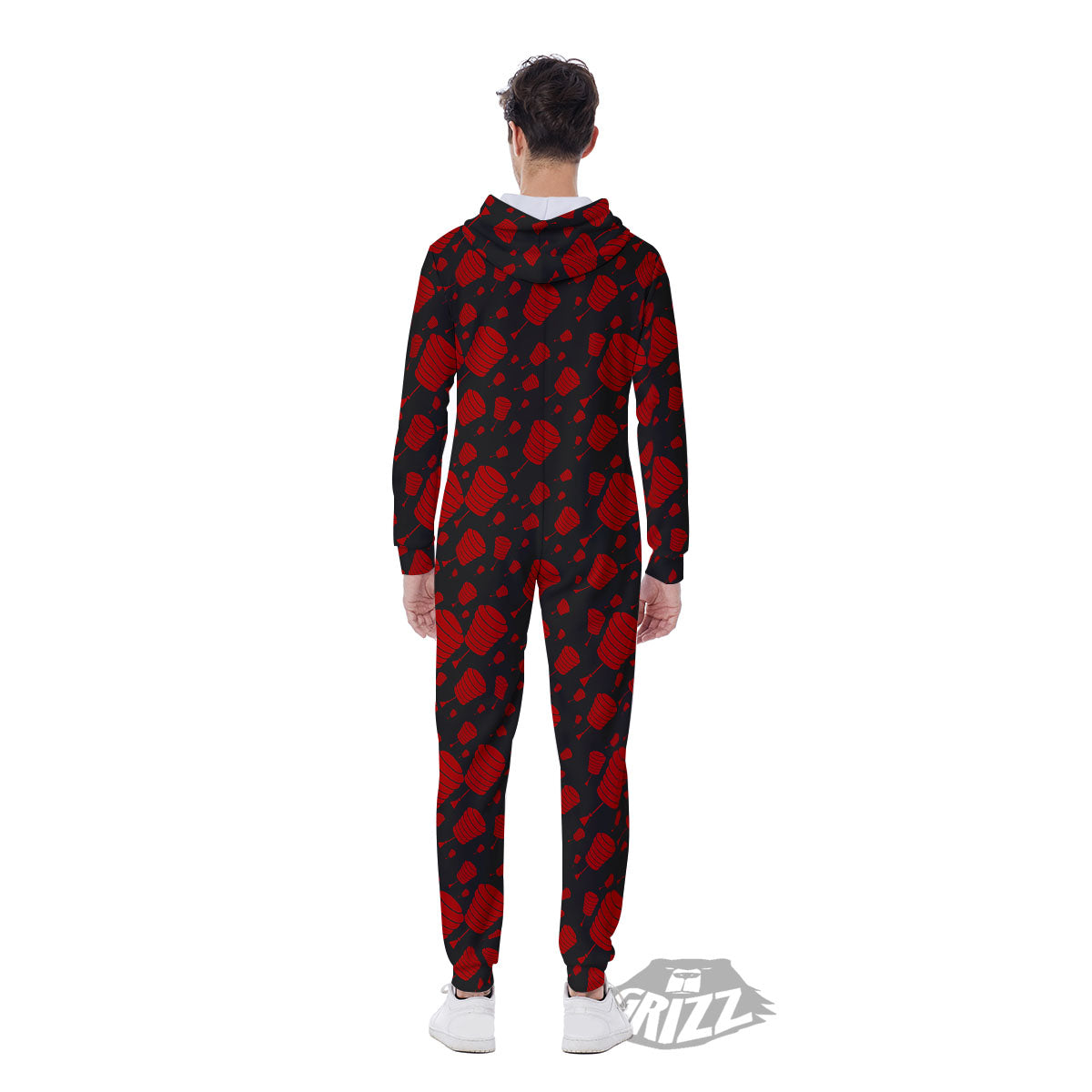 Chinese Red And Black Print Pattern Men's Jumpsuit-grizzshop