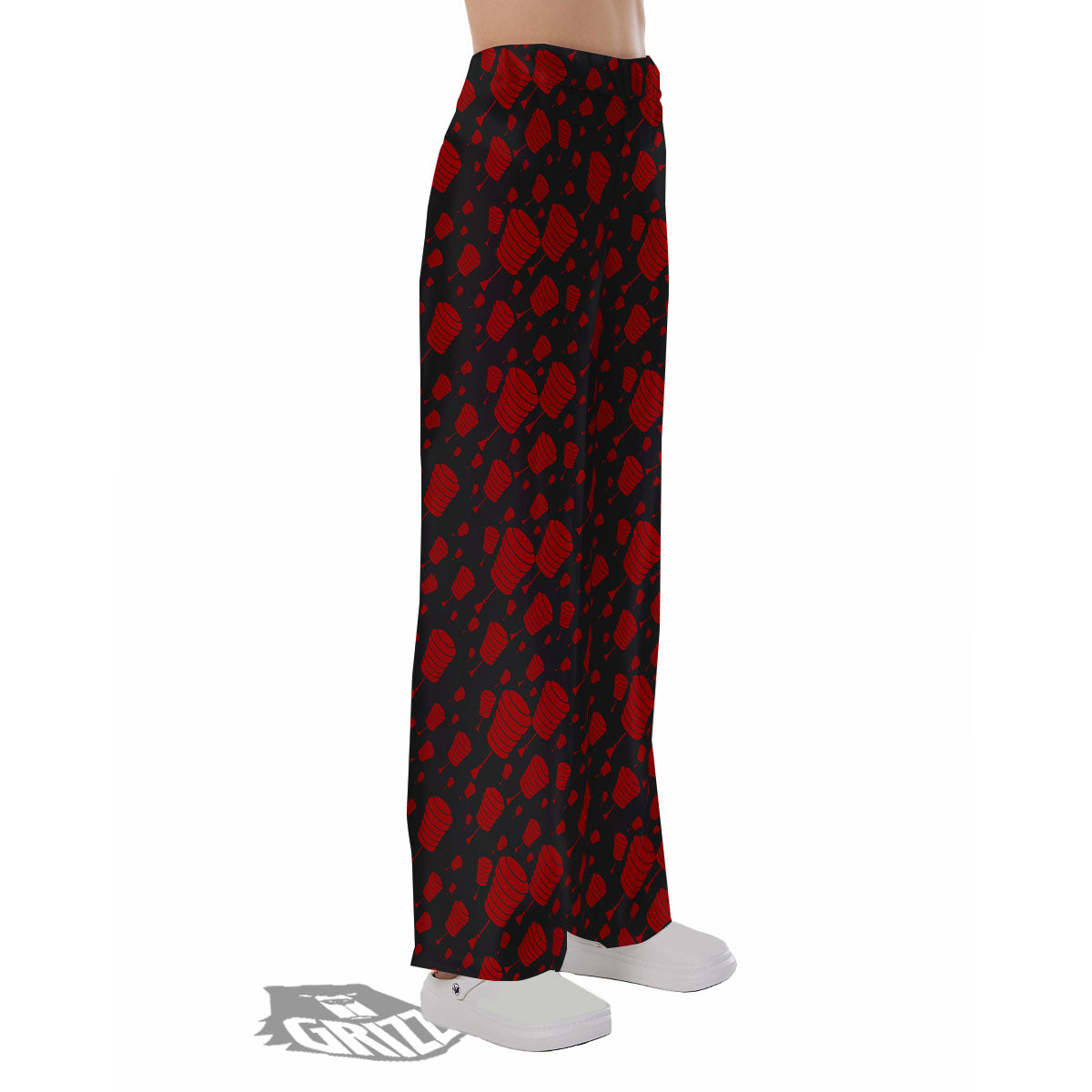 Chinese Red And Black Print Pattern Pajama Pants-grizzshop
