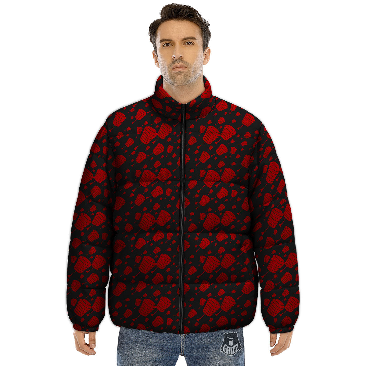 Chinese Red And Black Print Pattern Puffer Jacket-grizzshop