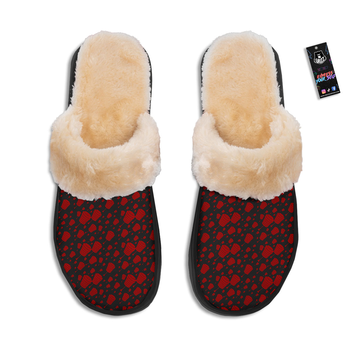 Chinese Red And Black Print Pattern Slippers-grizzshop