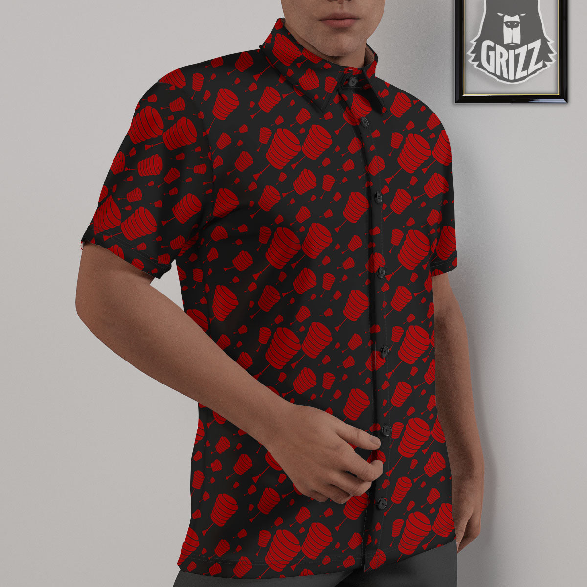 Chinese Red And Black Print Pattern Untucked Shirts-grizzshop