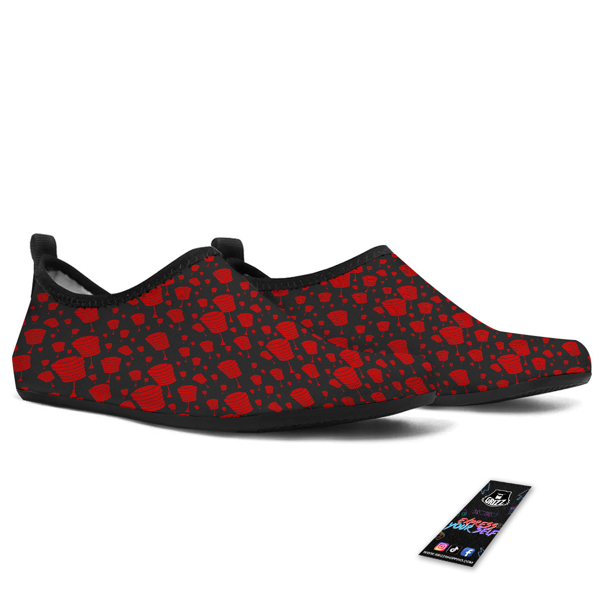 Chinese Red And Black Print Pattern Water Shoes-grizzshop