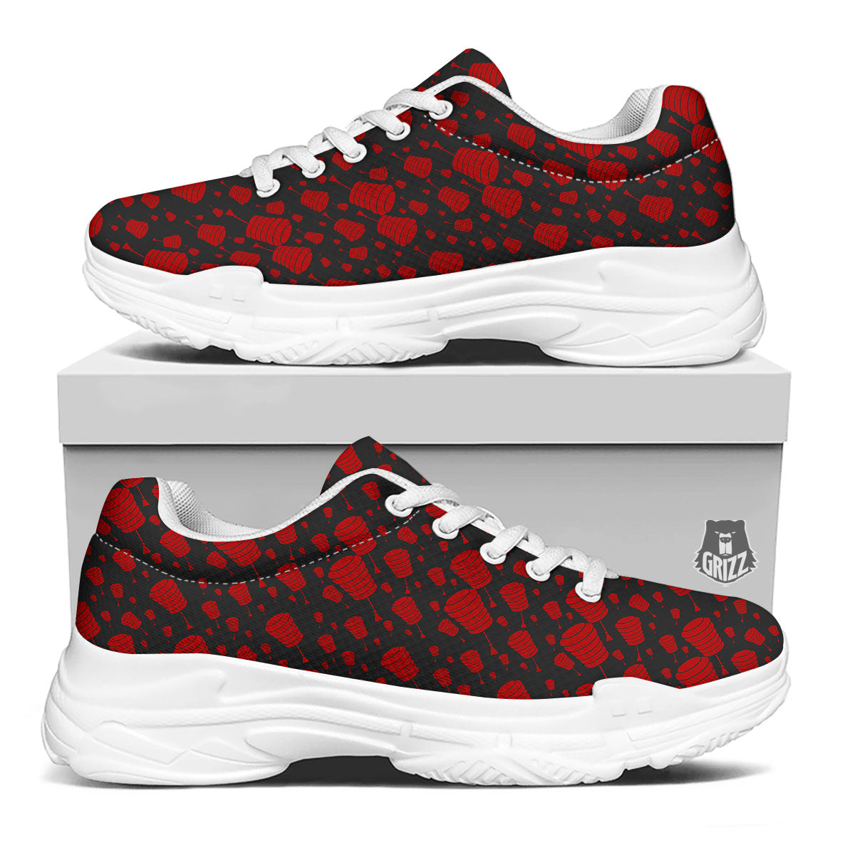 Chinese Red And Black Print Pattern White Chunky Shoes-grizzshop