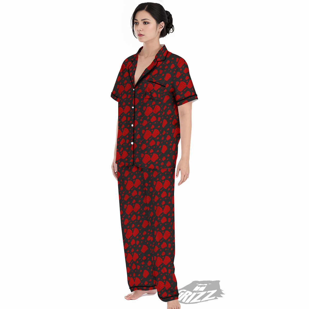Chinese Red And Black Print Pattern Women's Pajamas Set-grizzshop