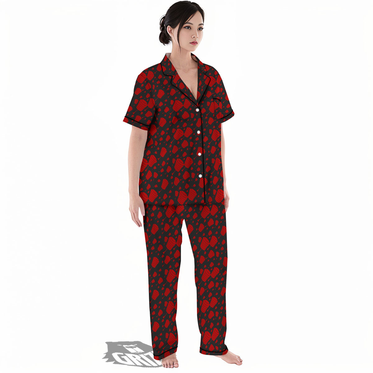 Chinese Red And Black Print Pattern Women's Pajamas Set-grizzshop