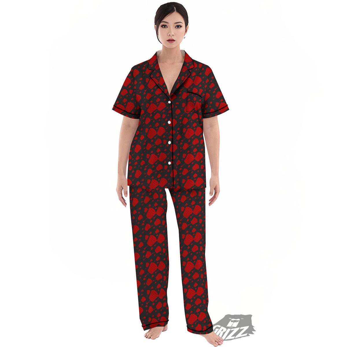 Chinese Red And Black Print Pattern Women's Pajamas Set-grizzshop