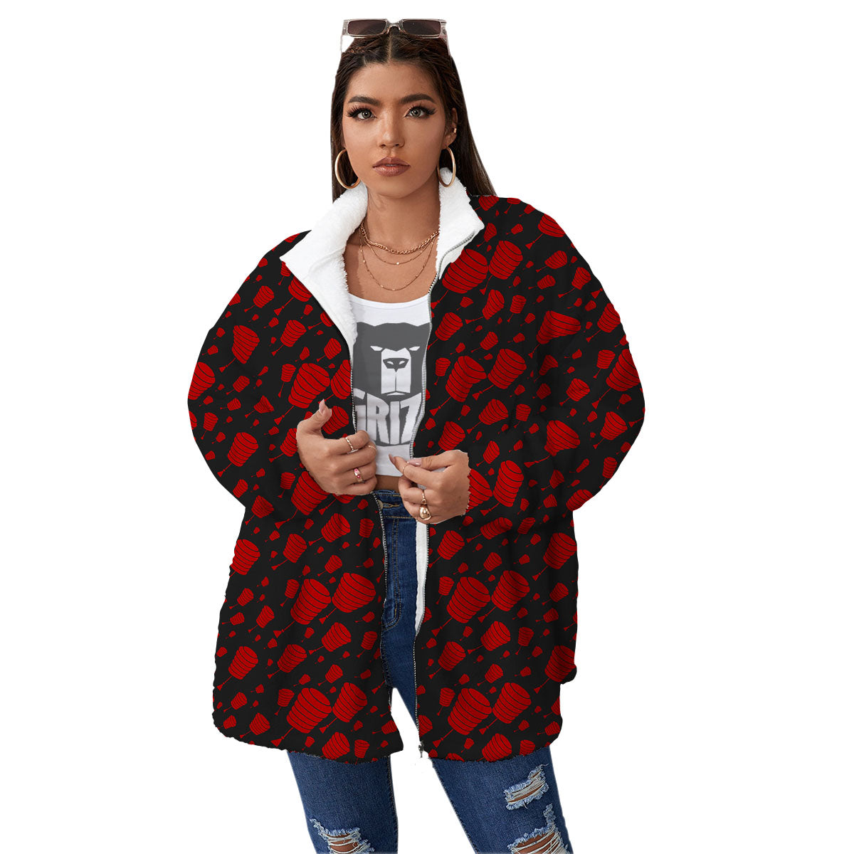 Chinese Red And Black Print Pattern Women's Sherpa Jacket-grizzshop