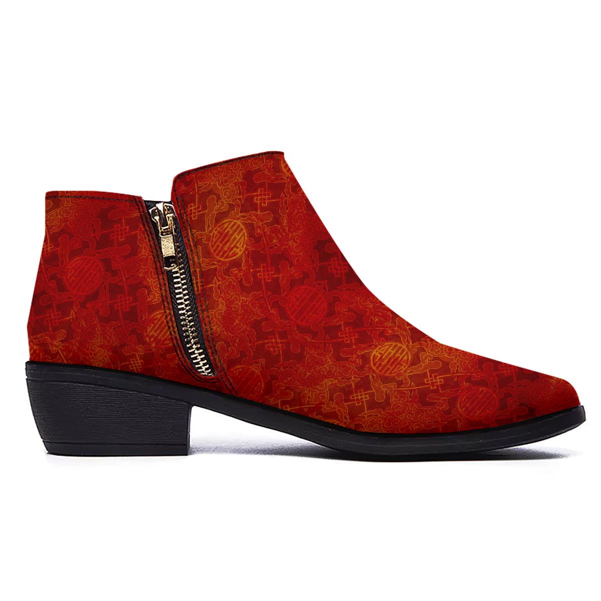 Chinese Red Print Pattern Ankle Boots-grizzshop