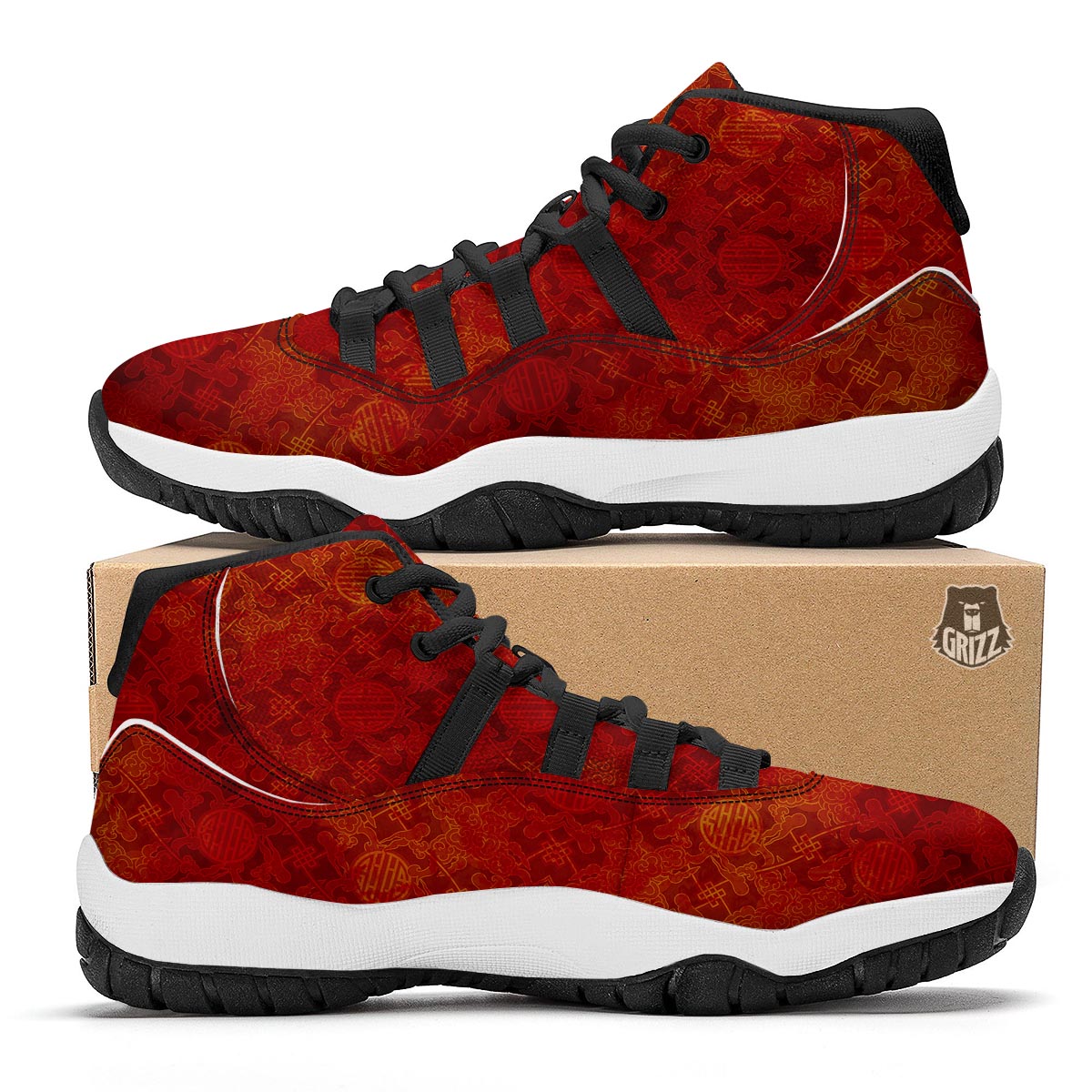 Chinese Red Print Pattern Black Bball Shoes-grizzshop