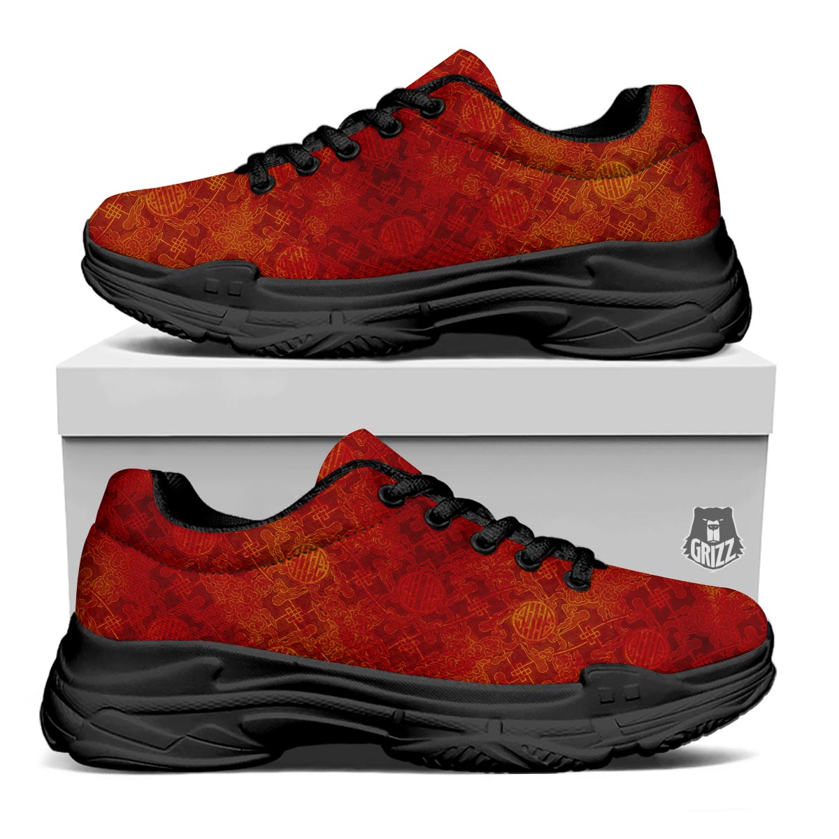 Chinese Red Print Pattern Black Chunky Shoes-grizzshop