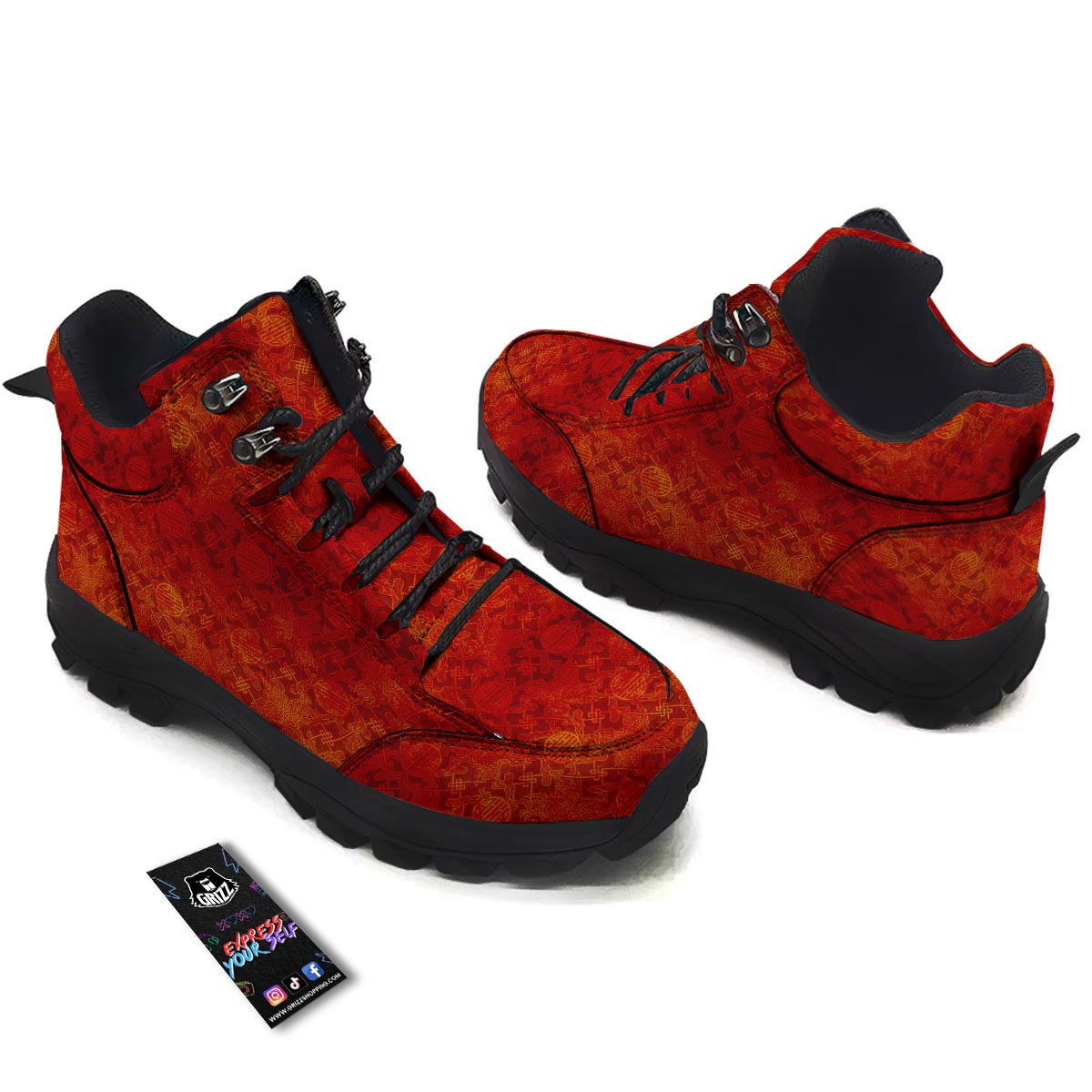 Chinese Red Print Pattern Hiking Shoes-grizzshop